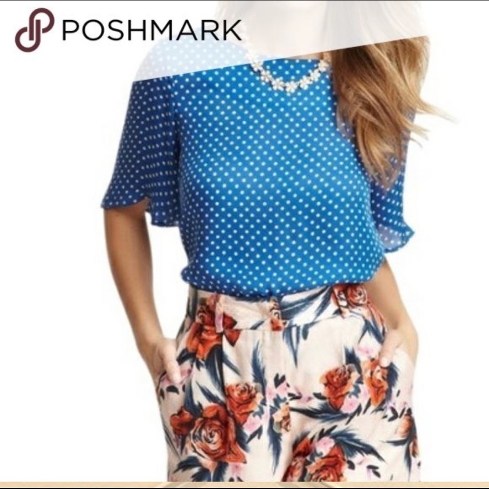 Corey Lynn Calter Anthropologie blue and white polka dot silk shirt open back